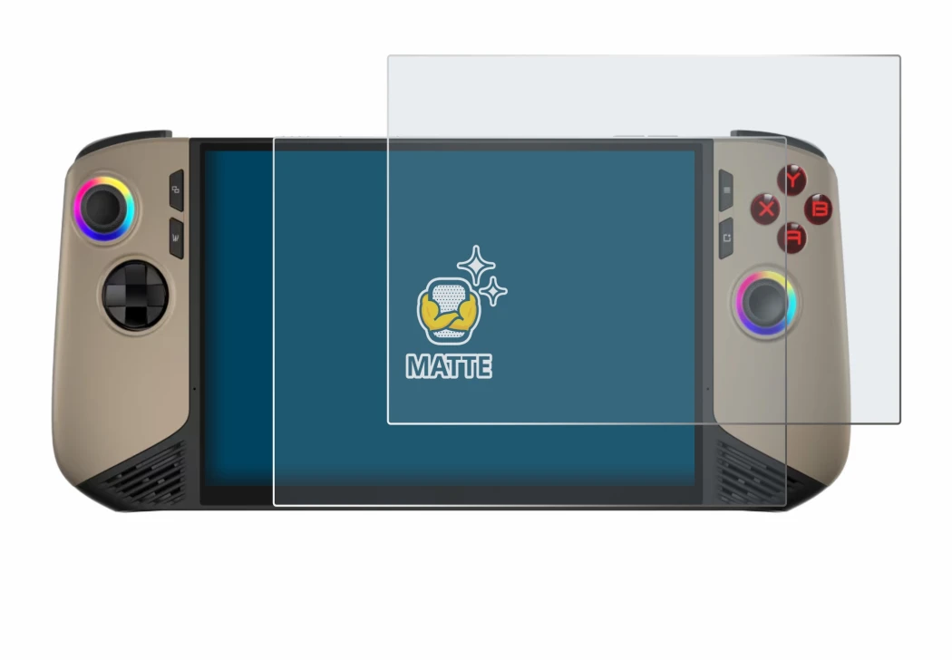 Immagine del dispositivo MSI Claw 8 AI+ con un'ampia varietà di protezioni per lo schermo.