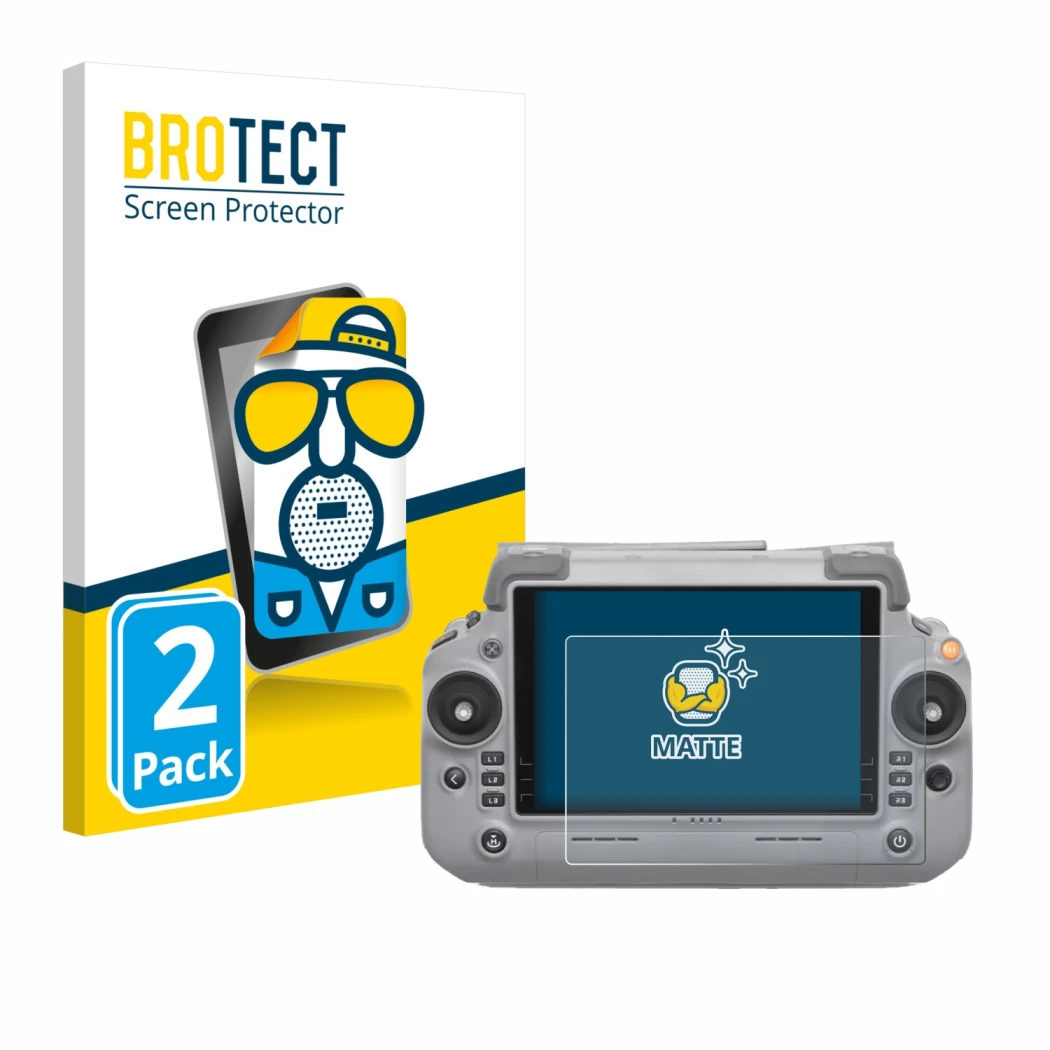 Parte frontale di una confezione del prodotto con il logo del marchio BROTECT. Accanto è raffigurato il dispositivo DJI RC Plu