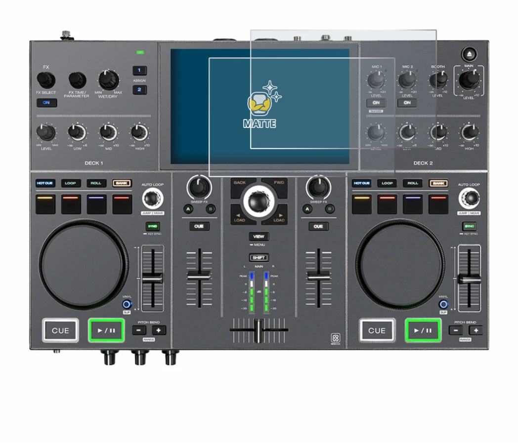 Immagine del dispositivo Denon DJ Prime Go+ con un'ampia varietà di protezioni per lo schermo.