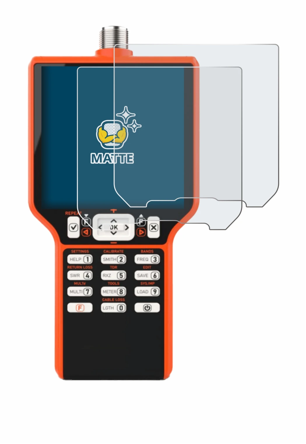 Immagine del dispositivo RigExpert MATCH con un'ampia varietà di protezioni per lo schermo.
