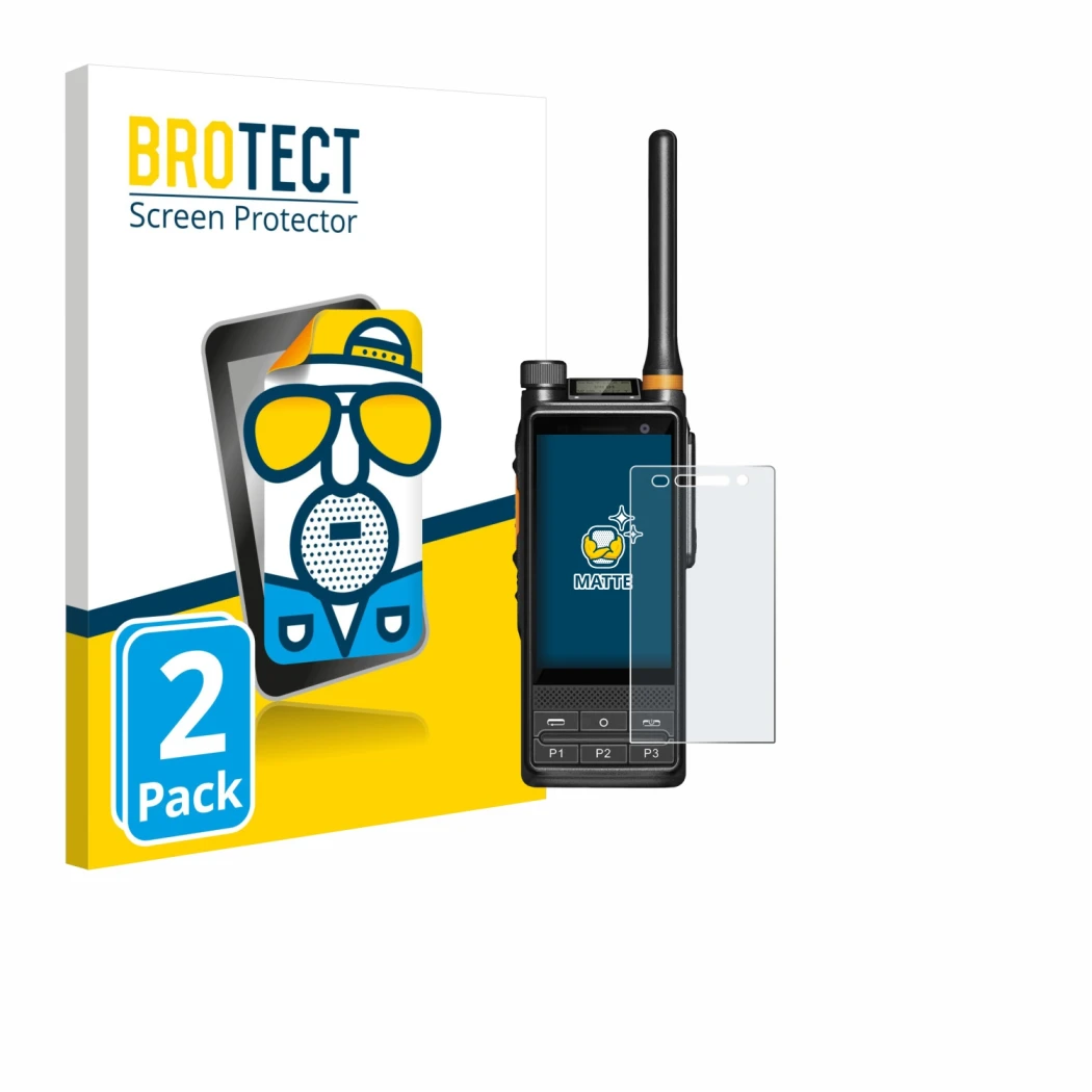 Parte frontale di una confezione del prodotto con il logo del marchio BROTECT. Accanto è raffigurato il dispositivo Hytera PDC