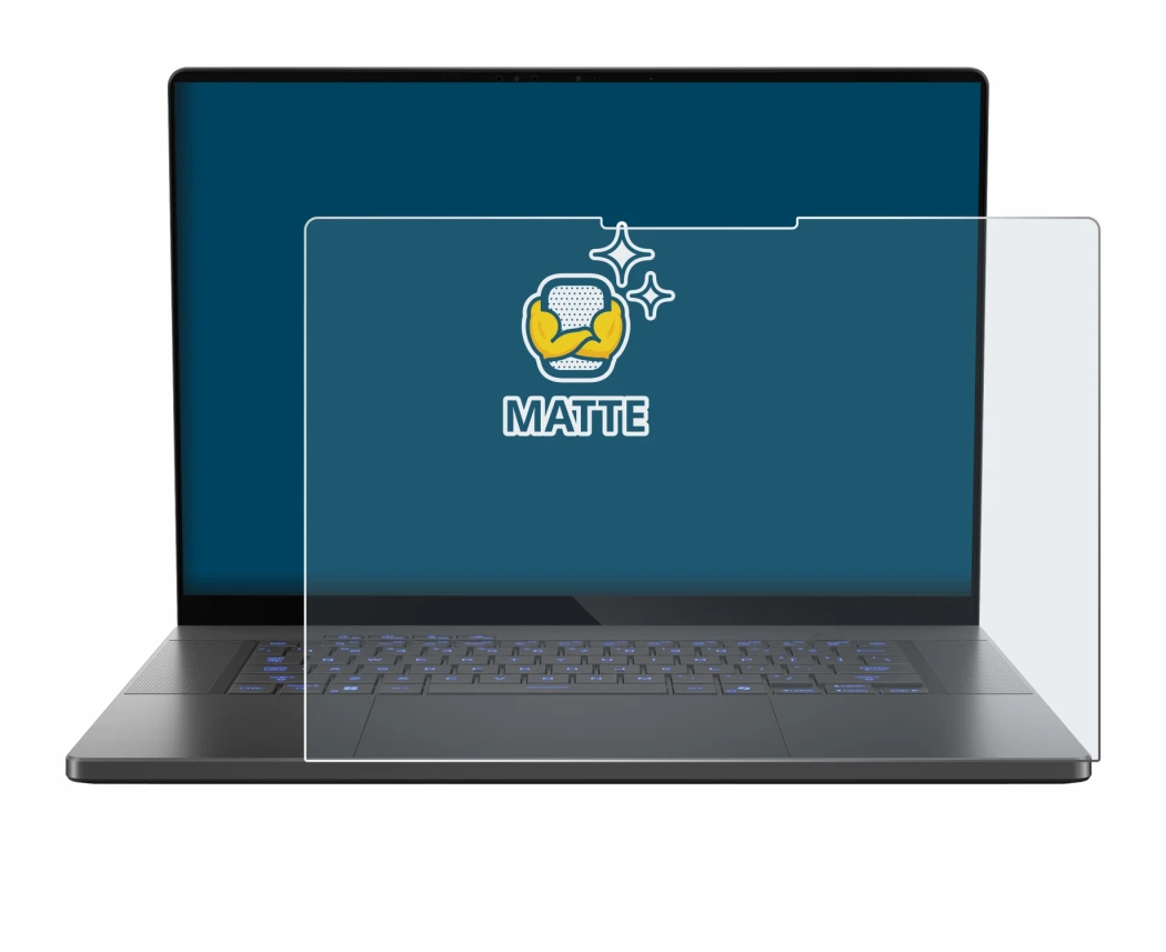 Immagine del dispositivo ASUS ROG Zephyrus G16 2025 con un'ampia varietà di protezioni per lo schermo.