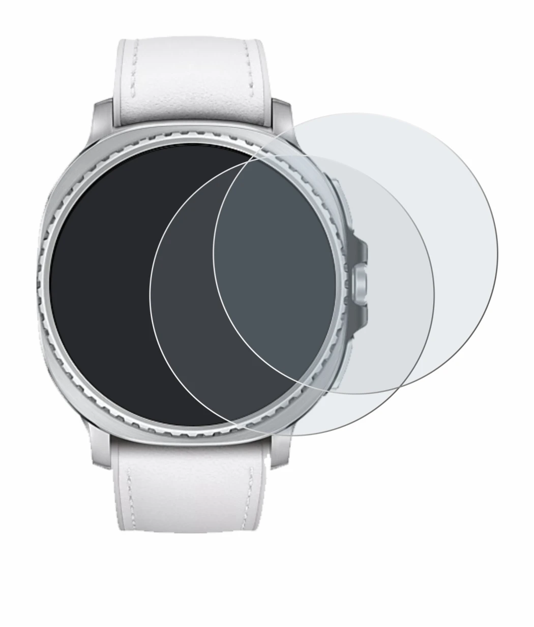 Immagine del dispositivo Samsung Galaxy Watch 8 Classic (46 mm) con un'ampia varietà di protezioni per lo schermo.