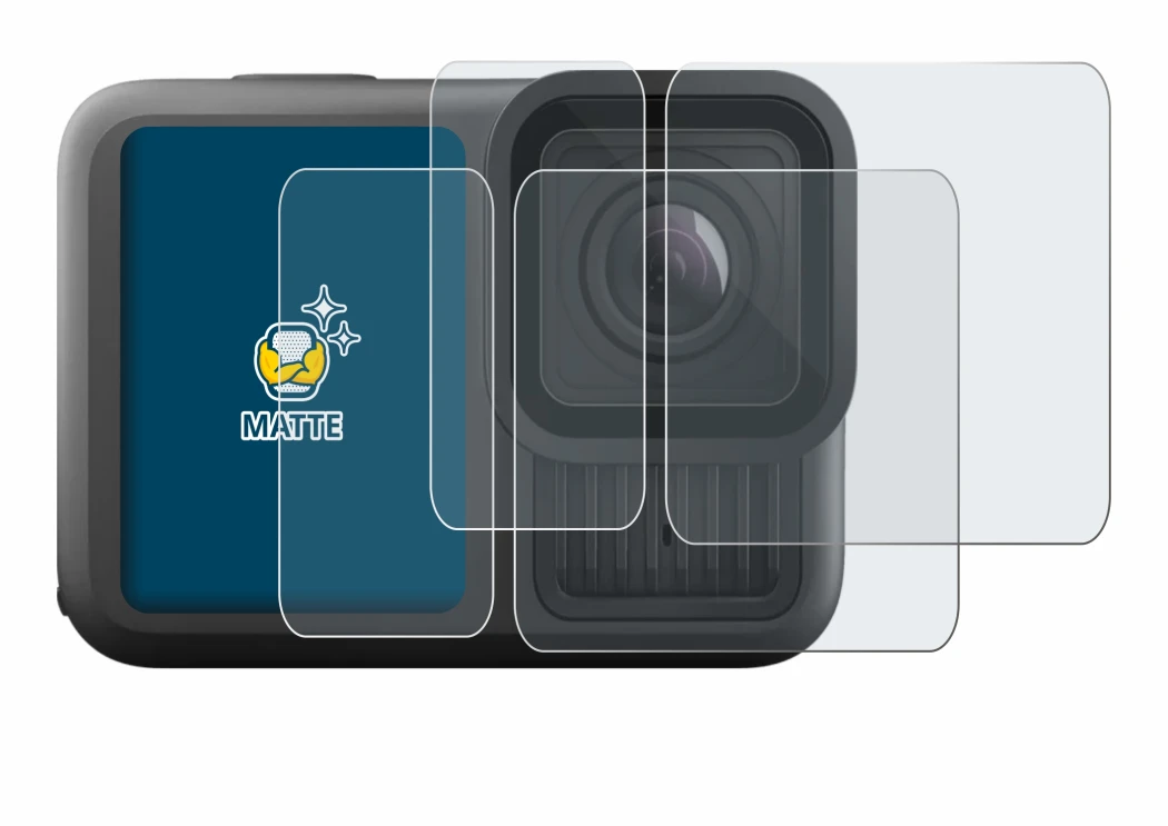 Immagine del dispositivo GoPro Hero 13 Black Ultra Wide Edition con un'ampia varietà di protezioni per lo schermo.