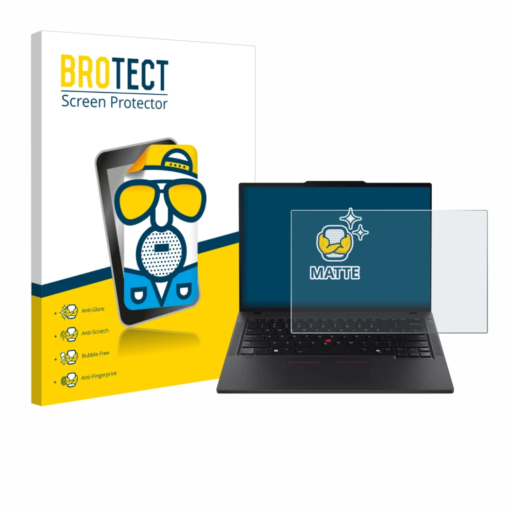 Parte frontale di una confezione del prodotto con il logo del marchio BROTECT. Accanto è raffigurato il dispositivo Lenovo Thi