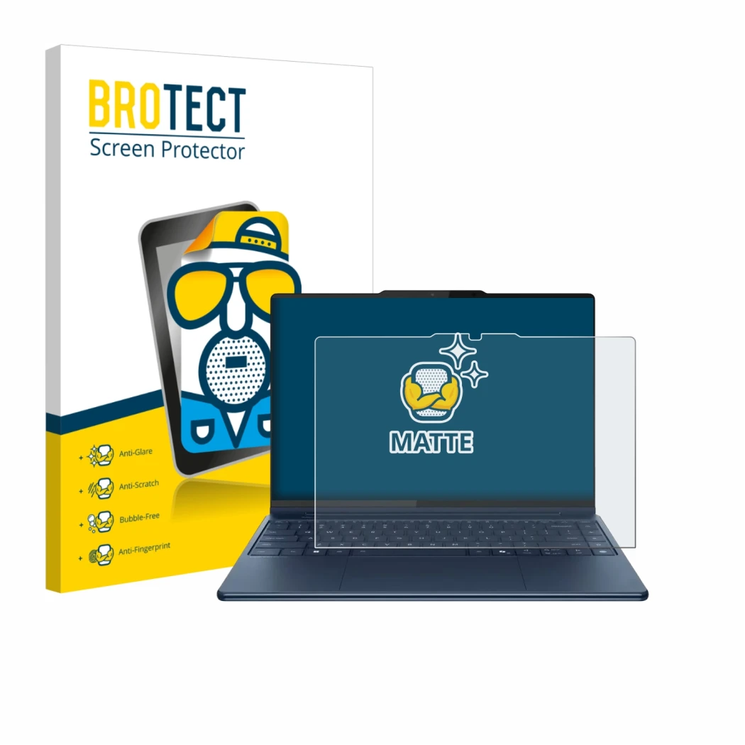 Parte frontale di una confezione del prodotto con il logo del marchio BROTECT. Accanto è raffigurato il dispositivo Lenovo Yog