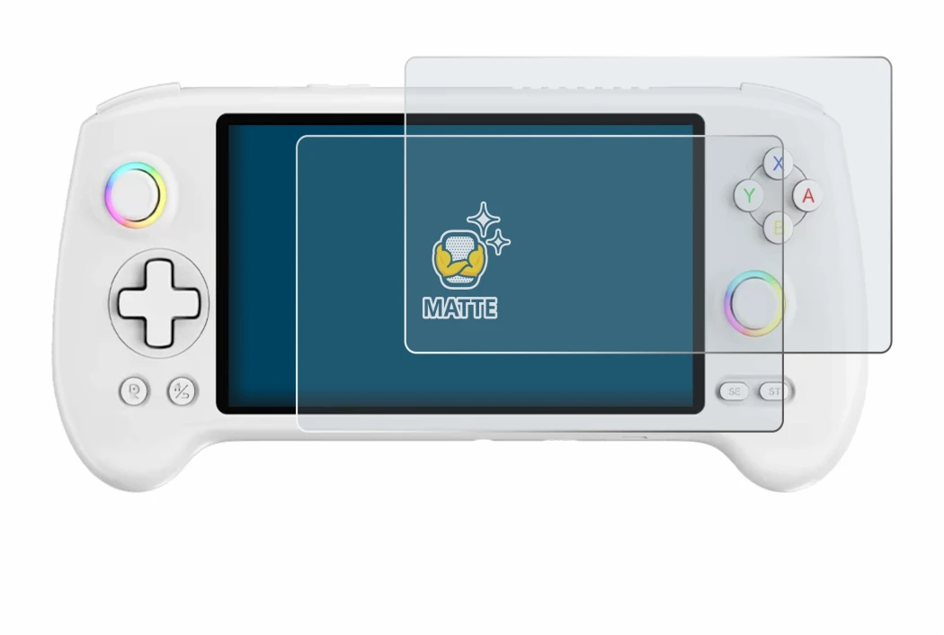 Immagine del dispositivo Anbernic RG557 con un'ampia varietà di protezioni per lo schermo.