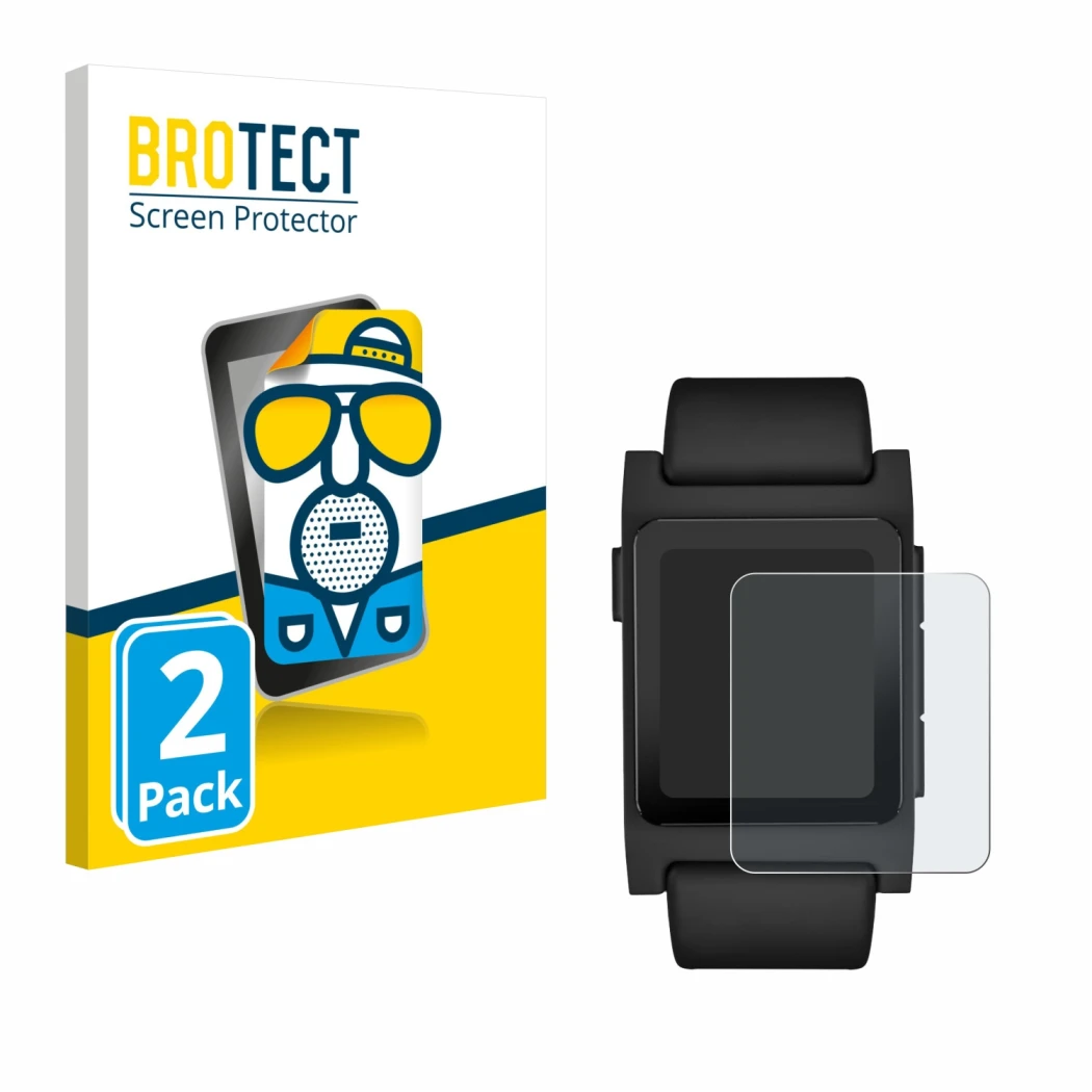 Parte frontale di una confezione del prodotto con il logo del marchio BROTECT. Accanto è raffigurato il dispositivo Pebble 2 D