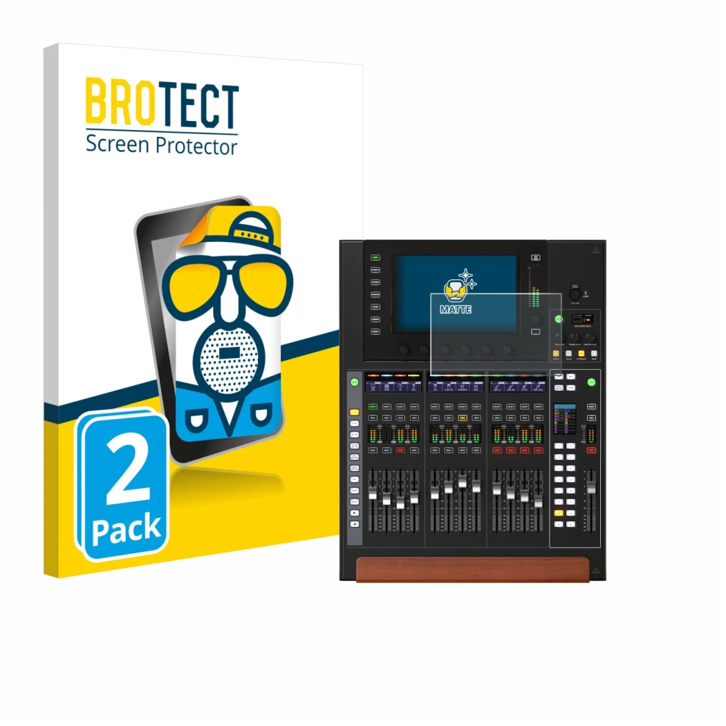 Parte frontale di una confezione del prodotto con il logo del marchio BROTECT. Accanto è raffigurato il dispositivo Behringer 