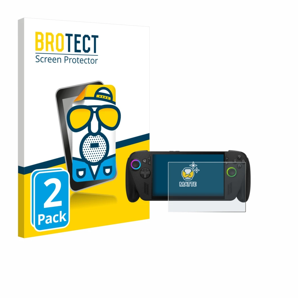 Parte frontale di una confezione del prodotto con il logo del marchio BROTECT. Accanto è raffigurato il dispositivo ASUS ROG A