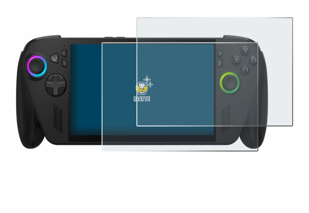 Immagine del dispositivo ASUS ROG Ally X 2025 con un'ampia varietà di protezioni per lo schermo.