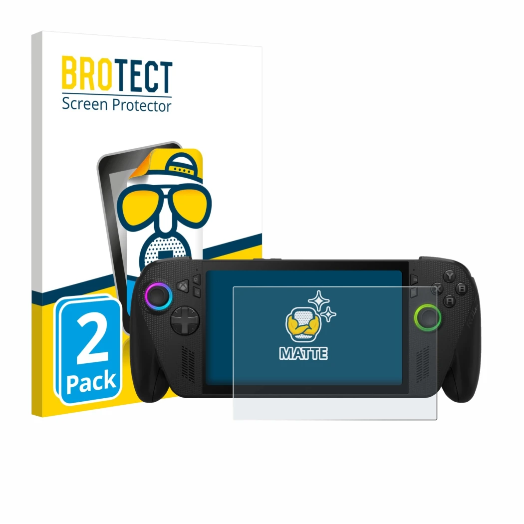 Parte frontale di una confezione del prodotto con il logo del marchio BROTECT. Accanto è raffigurato il dispositivo ASUS ROG X