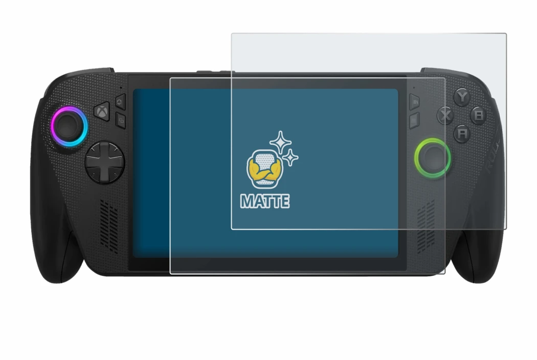 Immagine del dispositivo ASUS ROG Xbox Ally X con un'ampia varietà di protezioni per lo schermo.