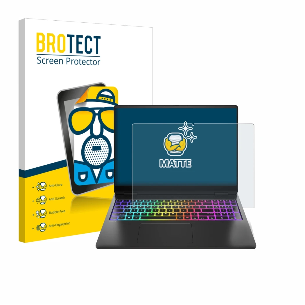 Parte frontale di una confezione del prodotto con il logo del marchio BROTECT. Accanto è raffigurato il dispositivo HP Omen Ma