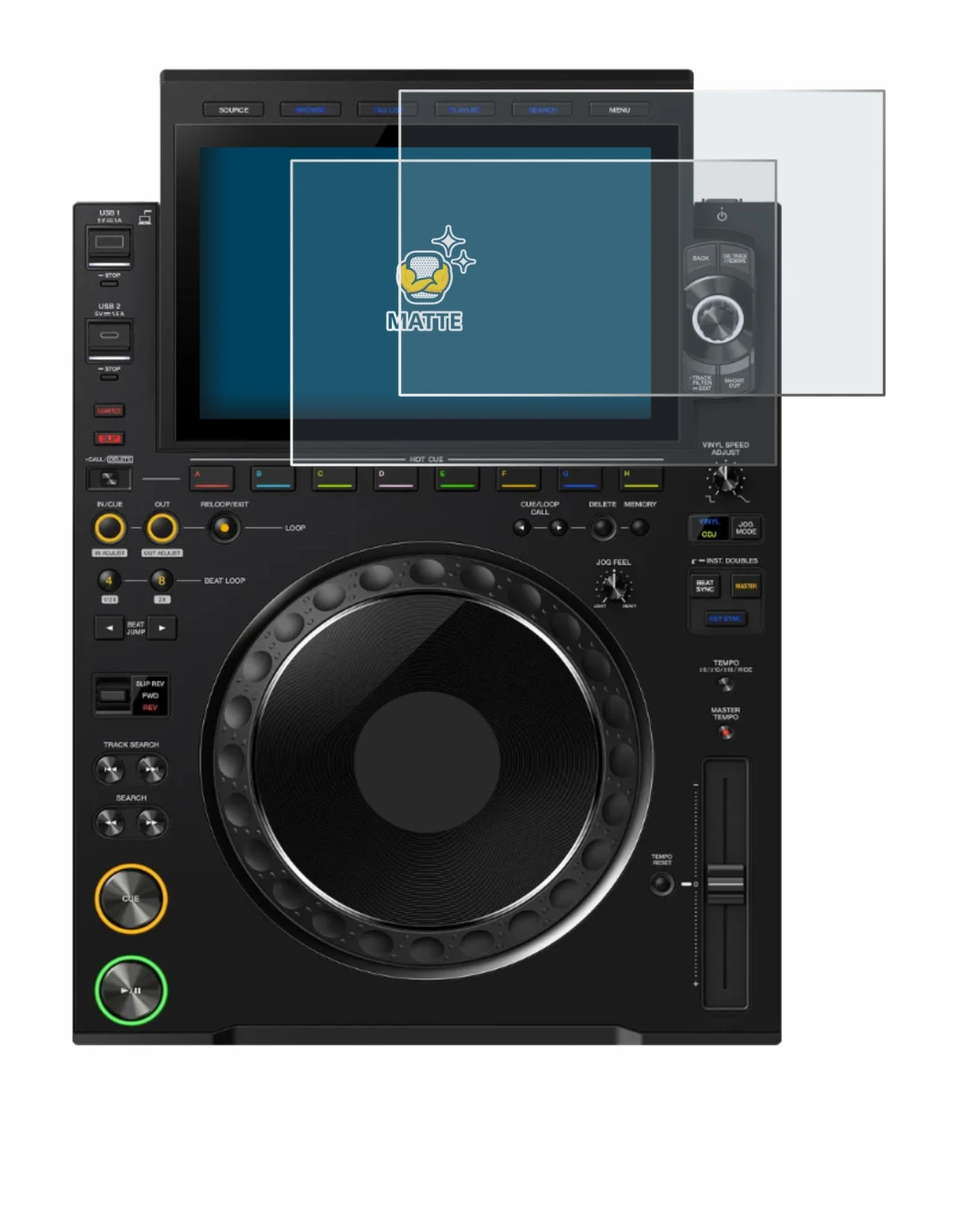 Immagine del dispositivo Pioneer CDJ 3000X con un'ampia varietà di protezioni per lo schermo.