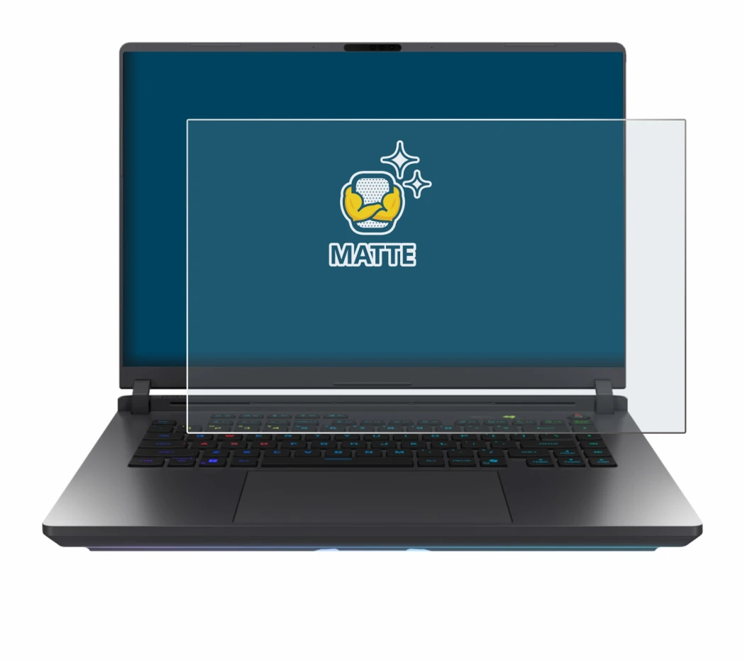 Immagine del dispositivo ASUS ROG Strix G16 2025 con un'ampia varietà di protezioni per lo schermo.