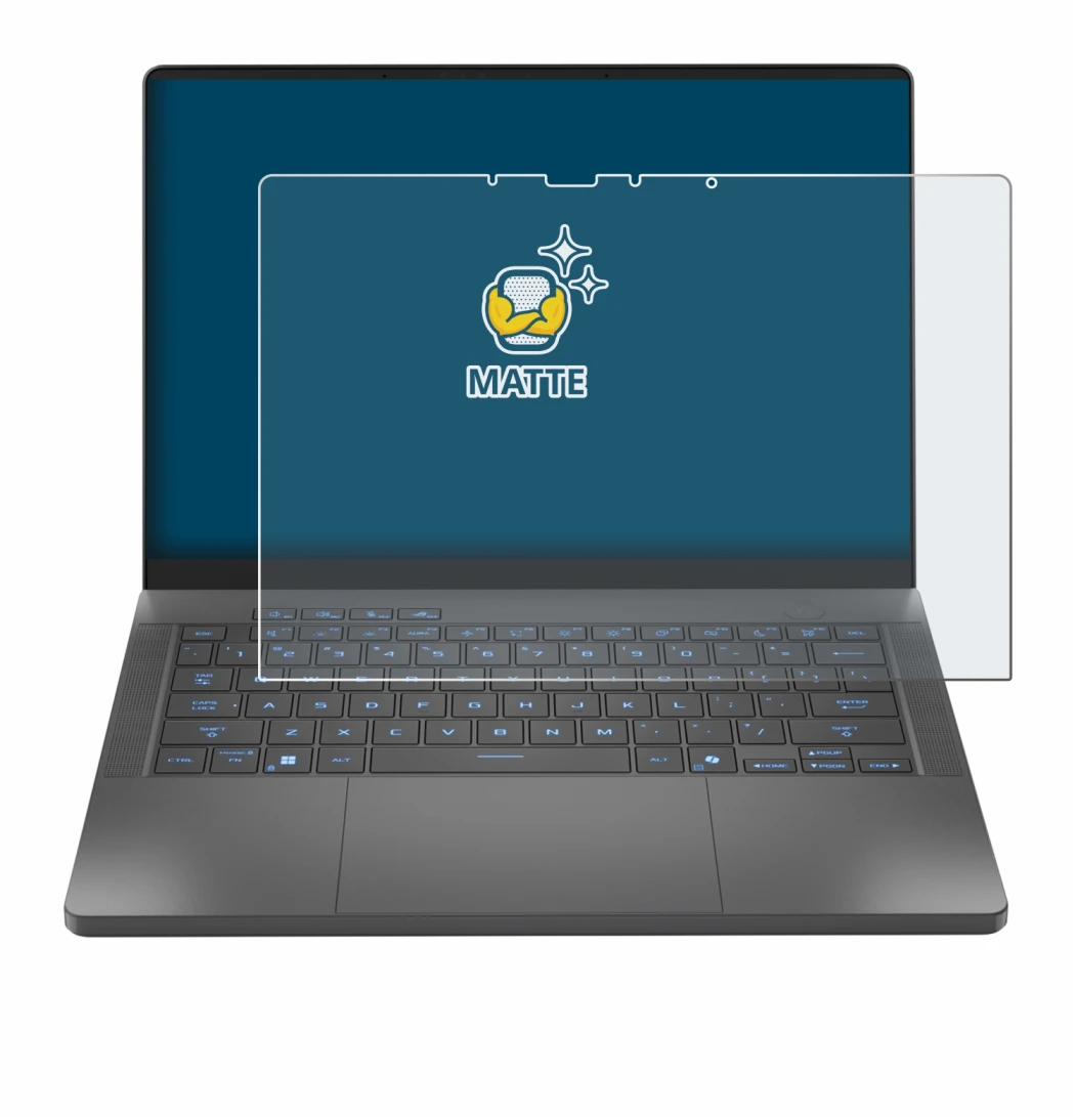 Immagine del dispositivo ASUS ROG Zephyrus G14 2025 GA403 con un'ampia varietà di protezioni per lo schermo.
