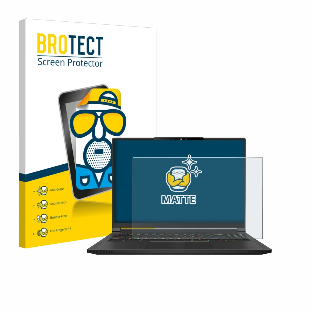 Parte frontale di una confezione del prodotto con il logo del marchio BROTECT. Accanto è raffigurato il dispositivo MSI Stealt