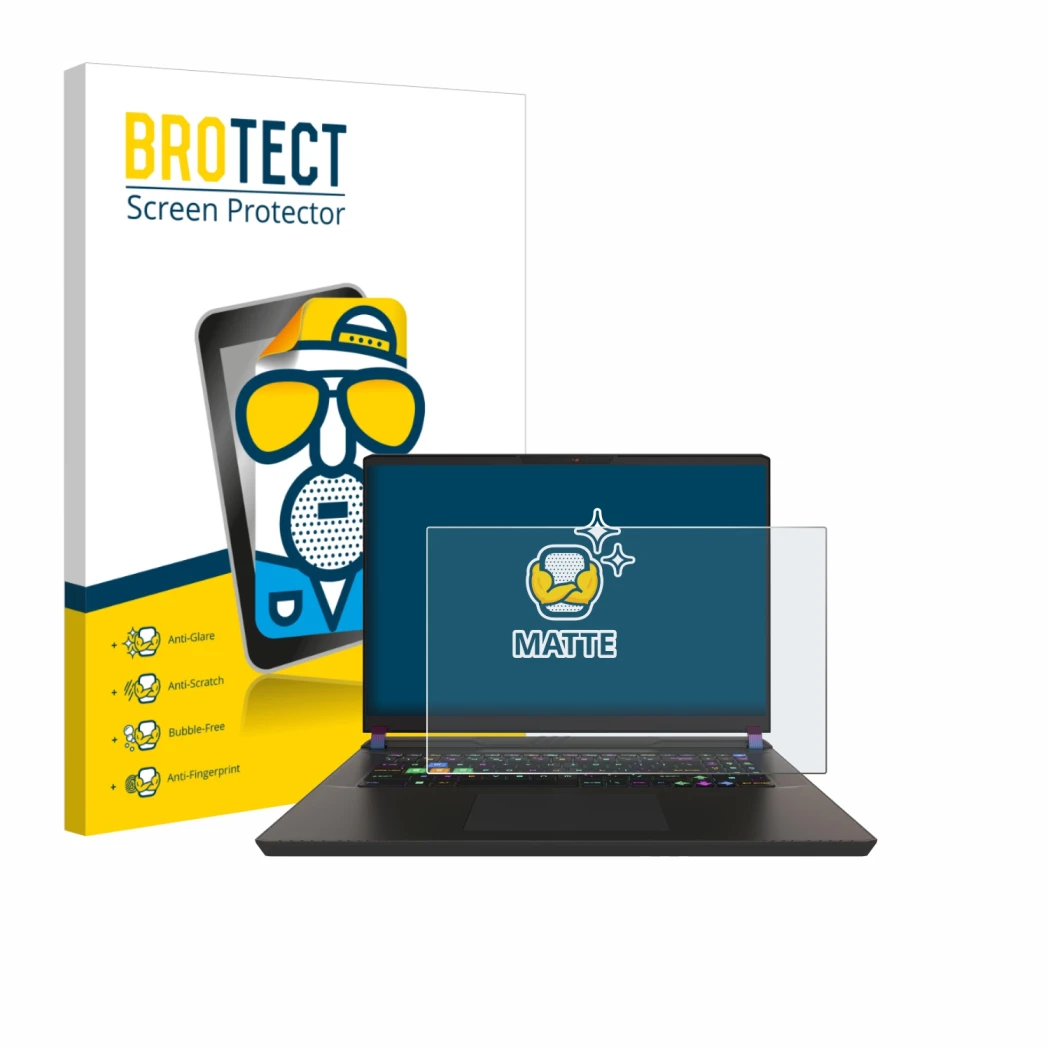 Parte frontale di una confezione del prodotto con il logo del marchio BROTECT. Accanto è raffigurato il dispositivo MSI Vector