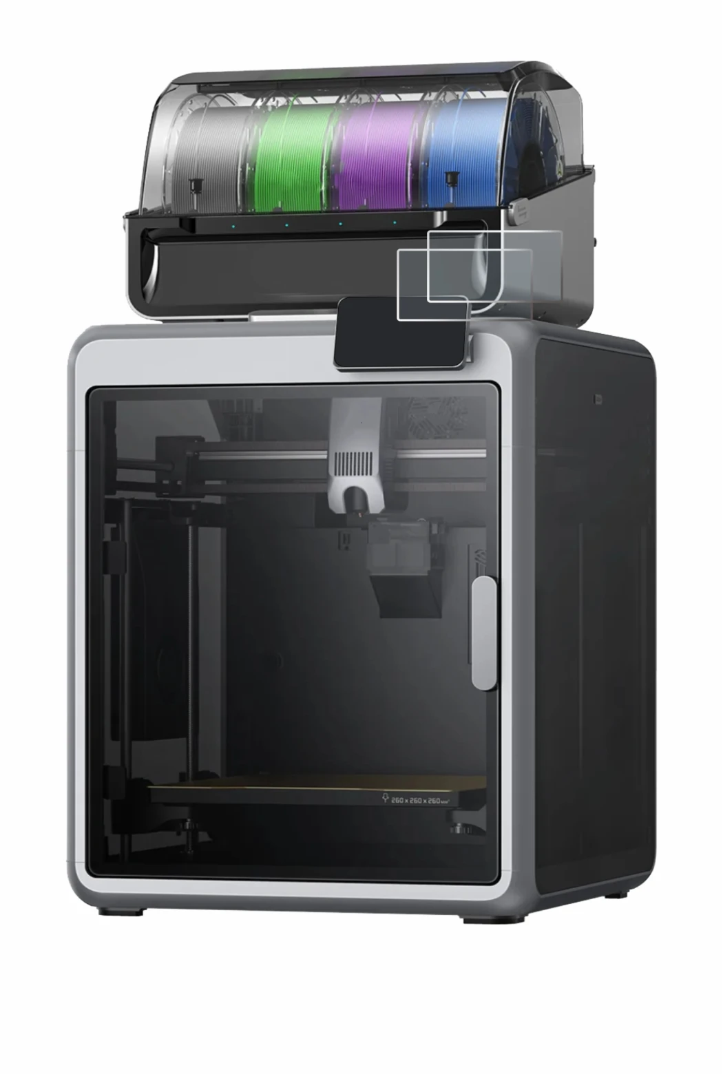 Immagine del dispositivo Creality K2 con un'ampia varietà di protezioni per lo schermo.