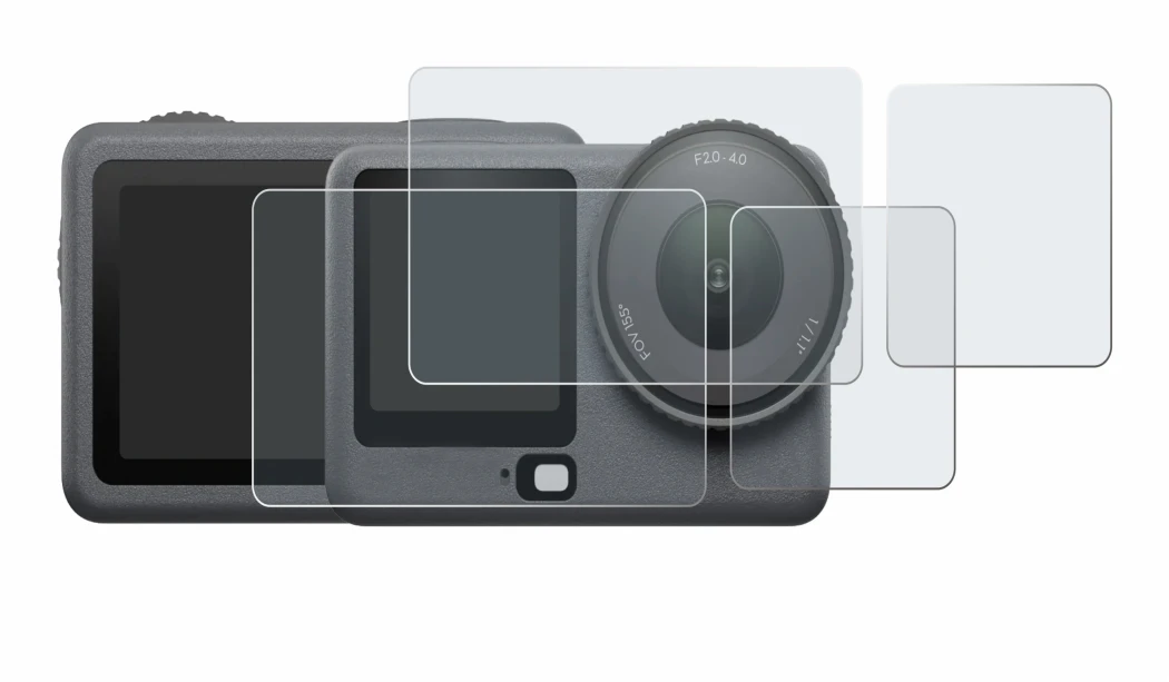 Immagine del dispositivo DJI Osmo Action 6 con un'ampia varietà di protezioni per lo schermo.