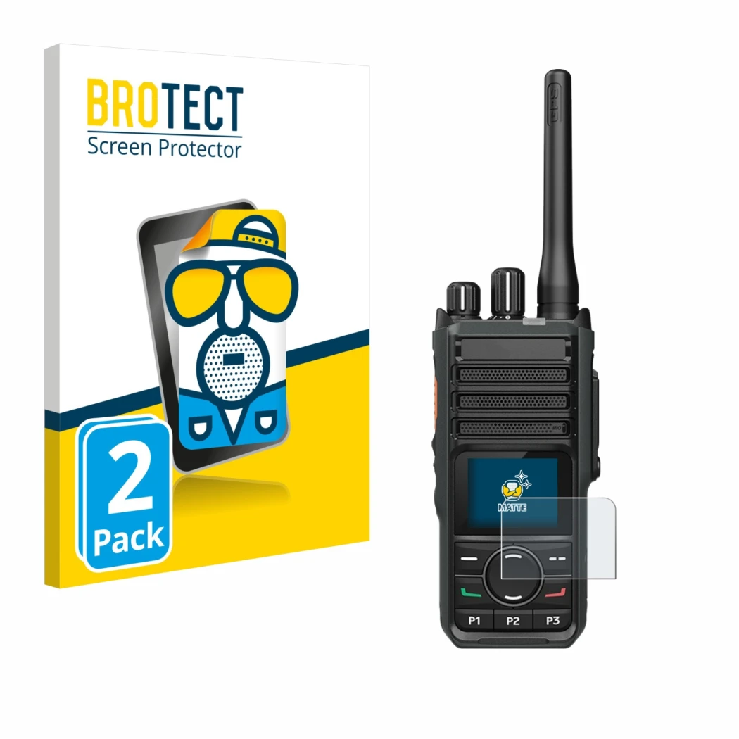 Parte frontale di una confezione del prodotto con il logo del marchio BROTECT. Accanto è raffigurato il dispositivo Hytera HP5