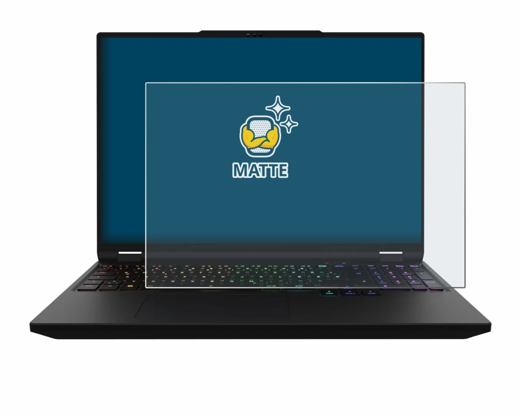 Immagine del dispositivo XMG Apex 16 Max con un'ampia varietà di protezioni per lo schermo.