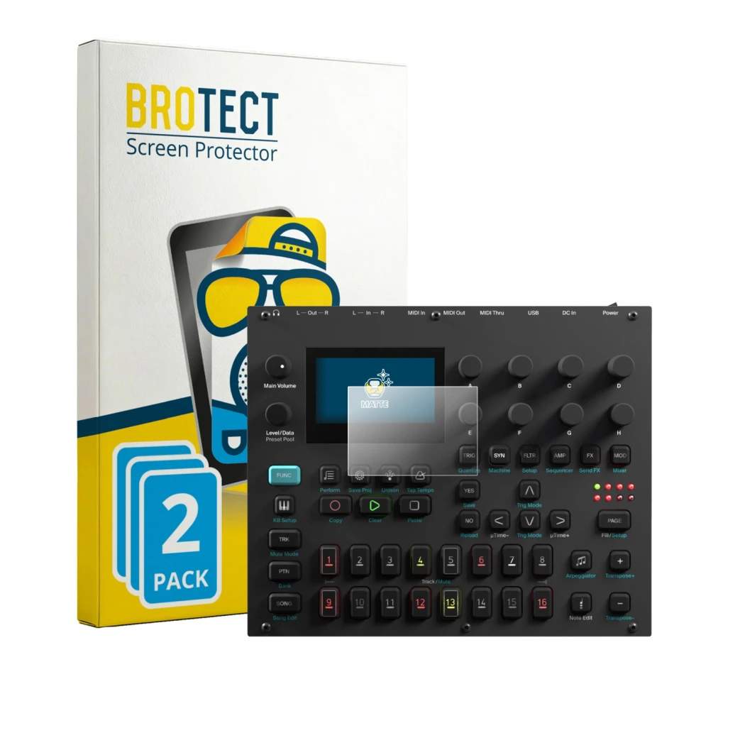 Parte frontale di una confezione del prodotto con il logo del marchio BROTECT. Accanto è raffigurato il dispositivo Elektron D