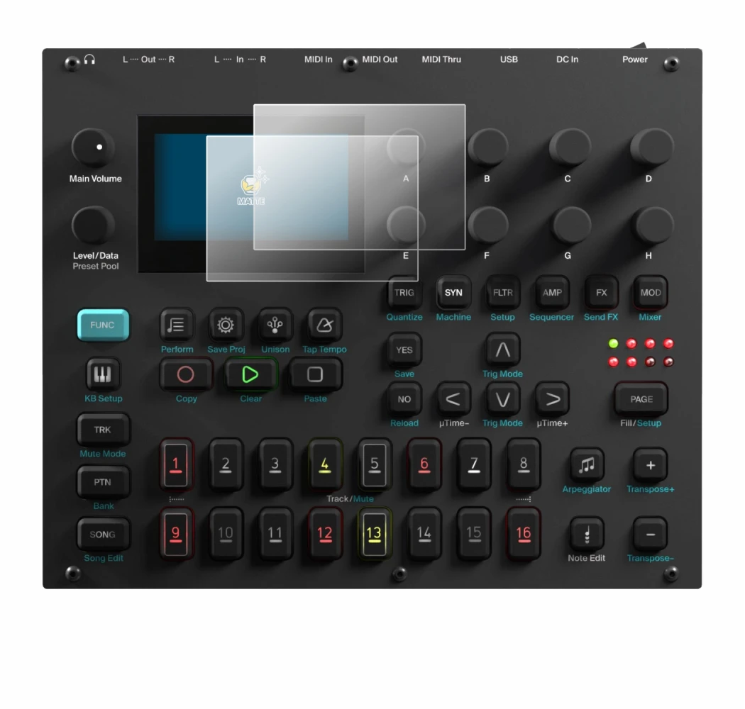 Immagine del dispositivo Elektron Digitone II con un'ampia varietà di protezioni per lo schermo.