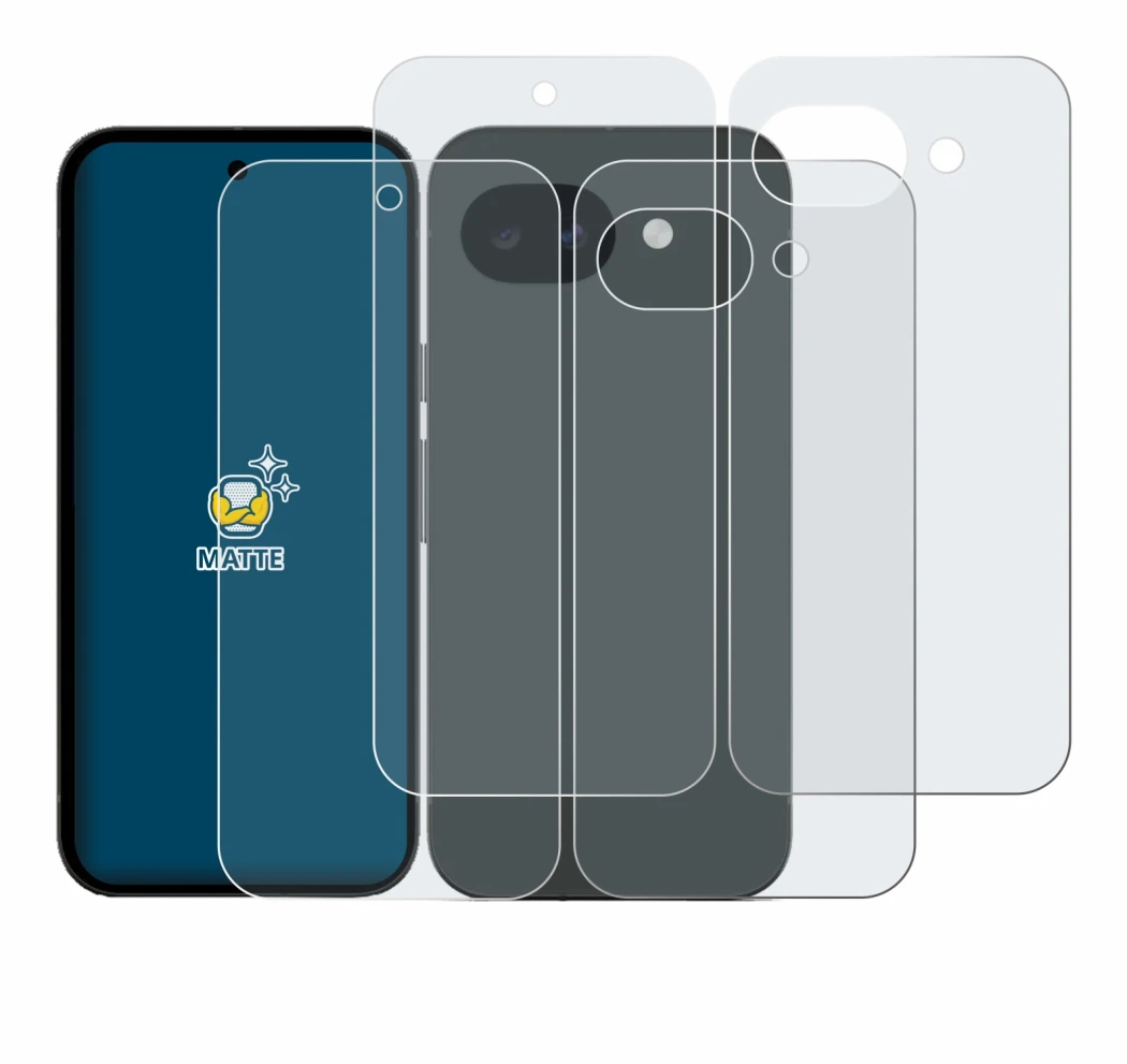 Immagine del dispositivo Google Pixel 10a (Fronte+Retro) con un'ampia varietà di protezioni per lo schermo.