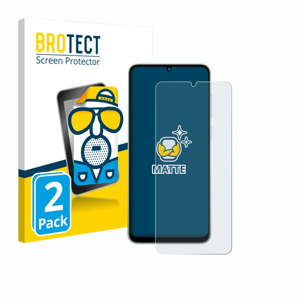Parte frontale di una confezione del prodotto con il logo del marchio BROTECT. Accanto è raffigurato il dispositivo Samsung Ga