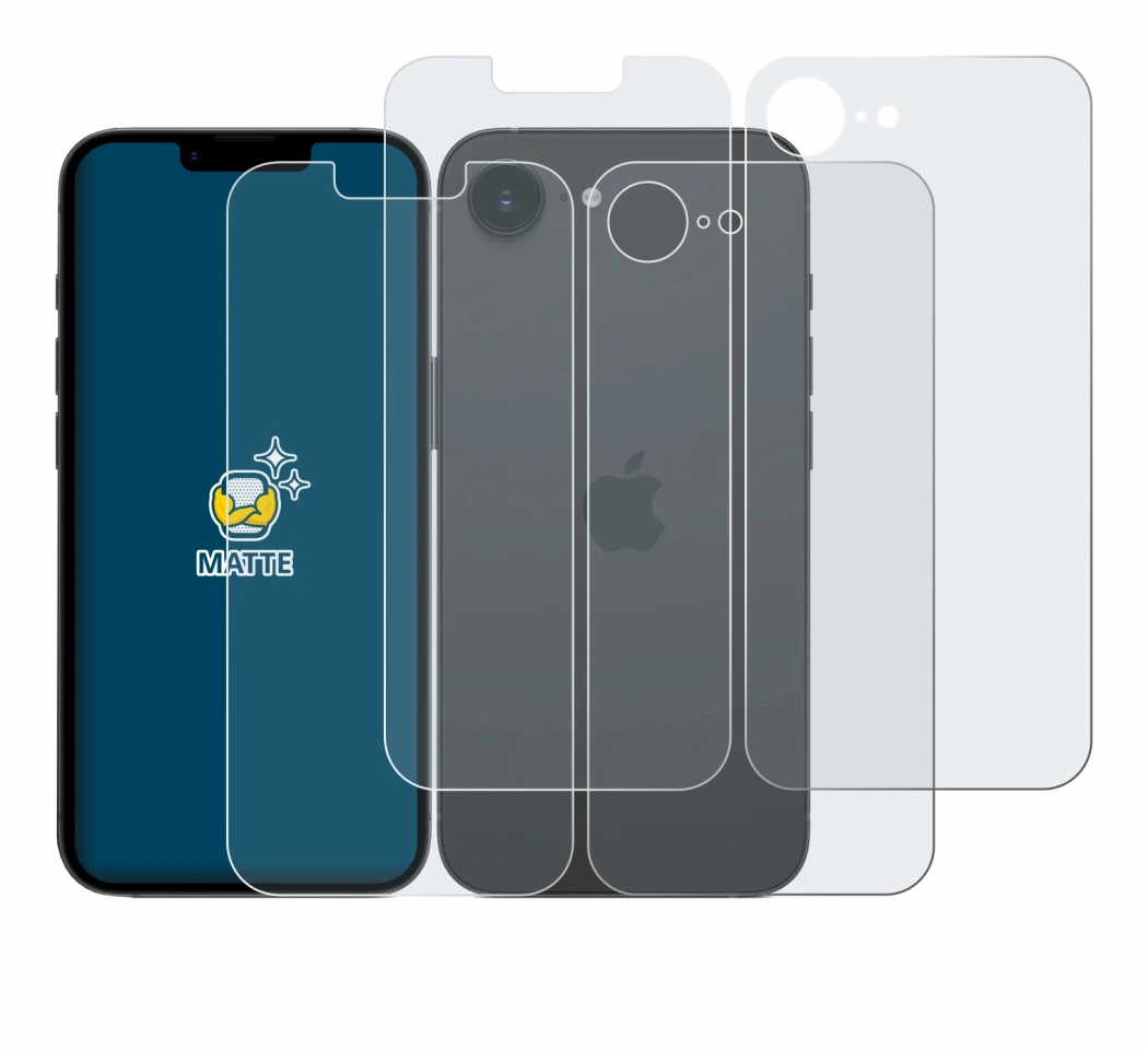 Immagine del dispositivo Apple iPhone 17e (Fronte+Retro) con un'ampia varietà di protezioni per lo schermo.