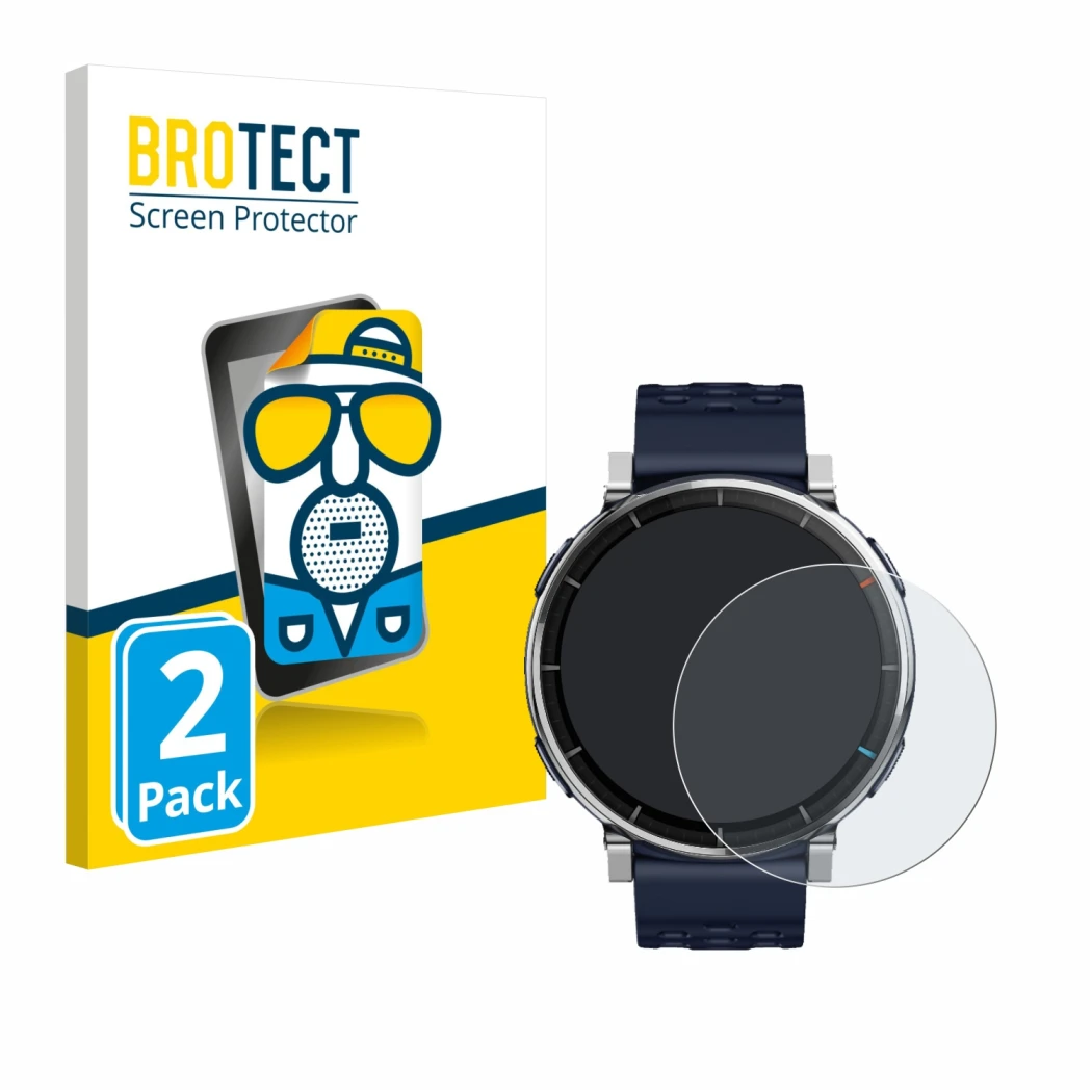 Parte frontale di una confezione del prodotto con il logo del marchio BROTECT. Accanto è raffigurato il dispositivo Amazfit Ac
