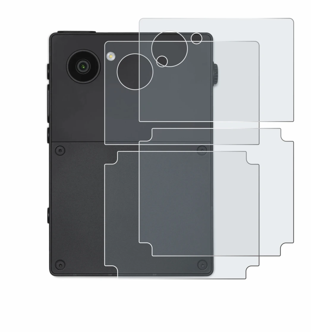 Immagine del dispositivo Light Phone 3 (Posteriore) con un'ampia varietà di protezioni per lo schermo.
