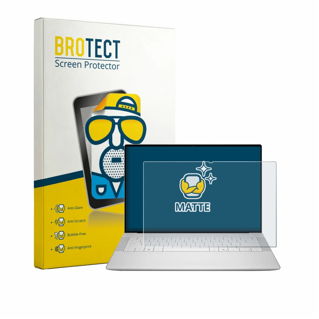 Parte frontale di una confezione del prodotto con il logo del marchio BROTECT. Accanto è raffigurato il dispositivo Dell XPS 1