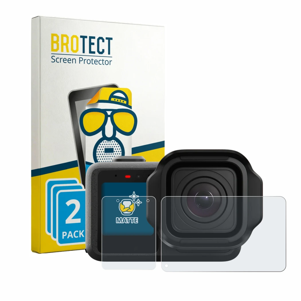 Parte frontale di una confezione del prodotto con il logo del marchio BROTECT. Accanto è raffigurato il dispositivo GoPro Miss