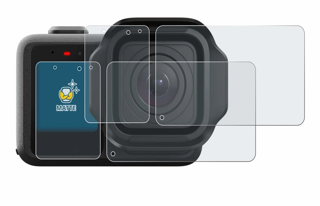 Immagine del dispositivo GoPro Mission 1 con un'ampia varietà di protezioni per lo schermo.
