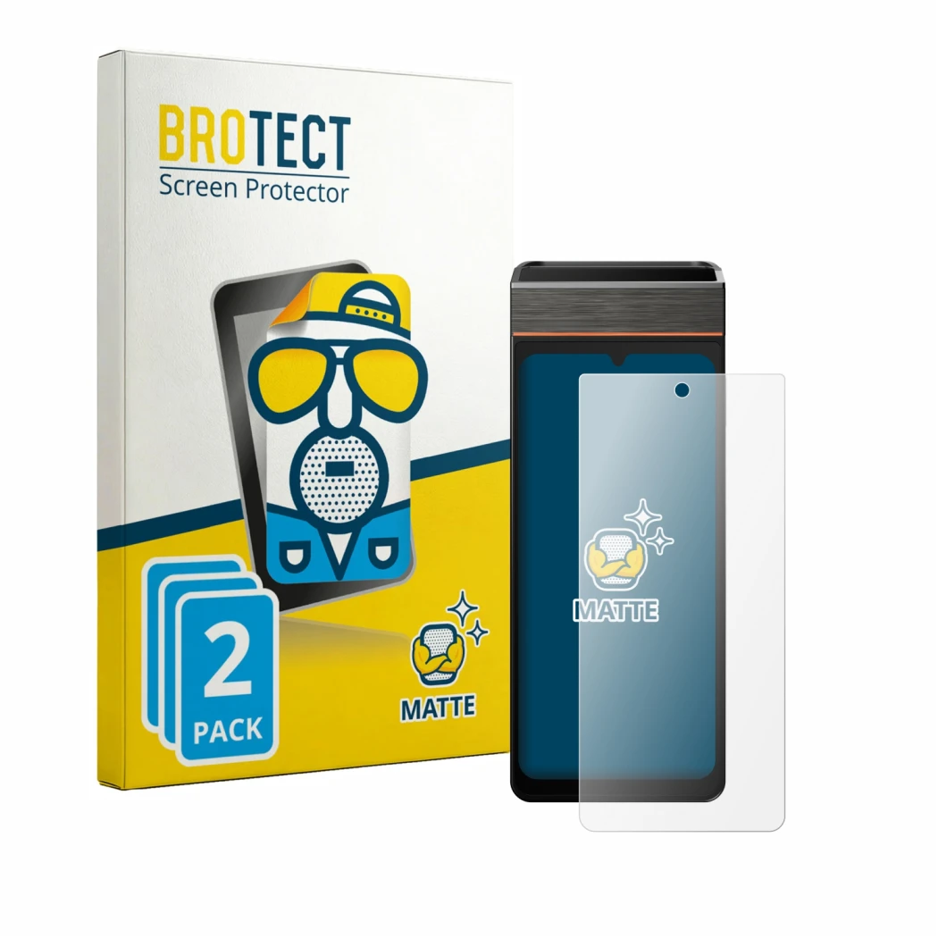 Parte frontale di una confezione del prodotto con il logo del marchio BROTECT. Accanto è raffigurato il dispositivo Sunmi V3e