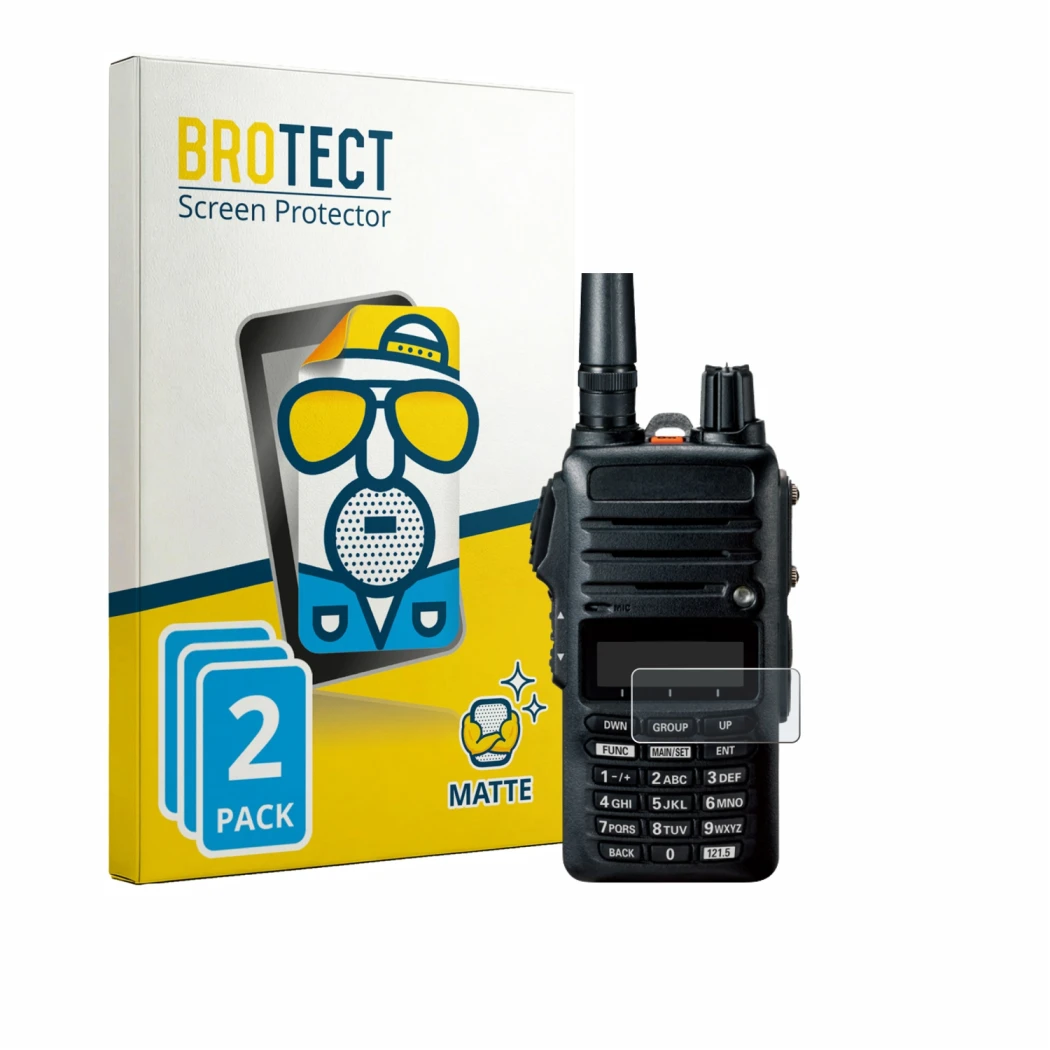 Parte frontale di una confezione del prodotto con il logo del marchio BROTECT. Accanto è raffigurato il dispositivo Yaesu FTA-