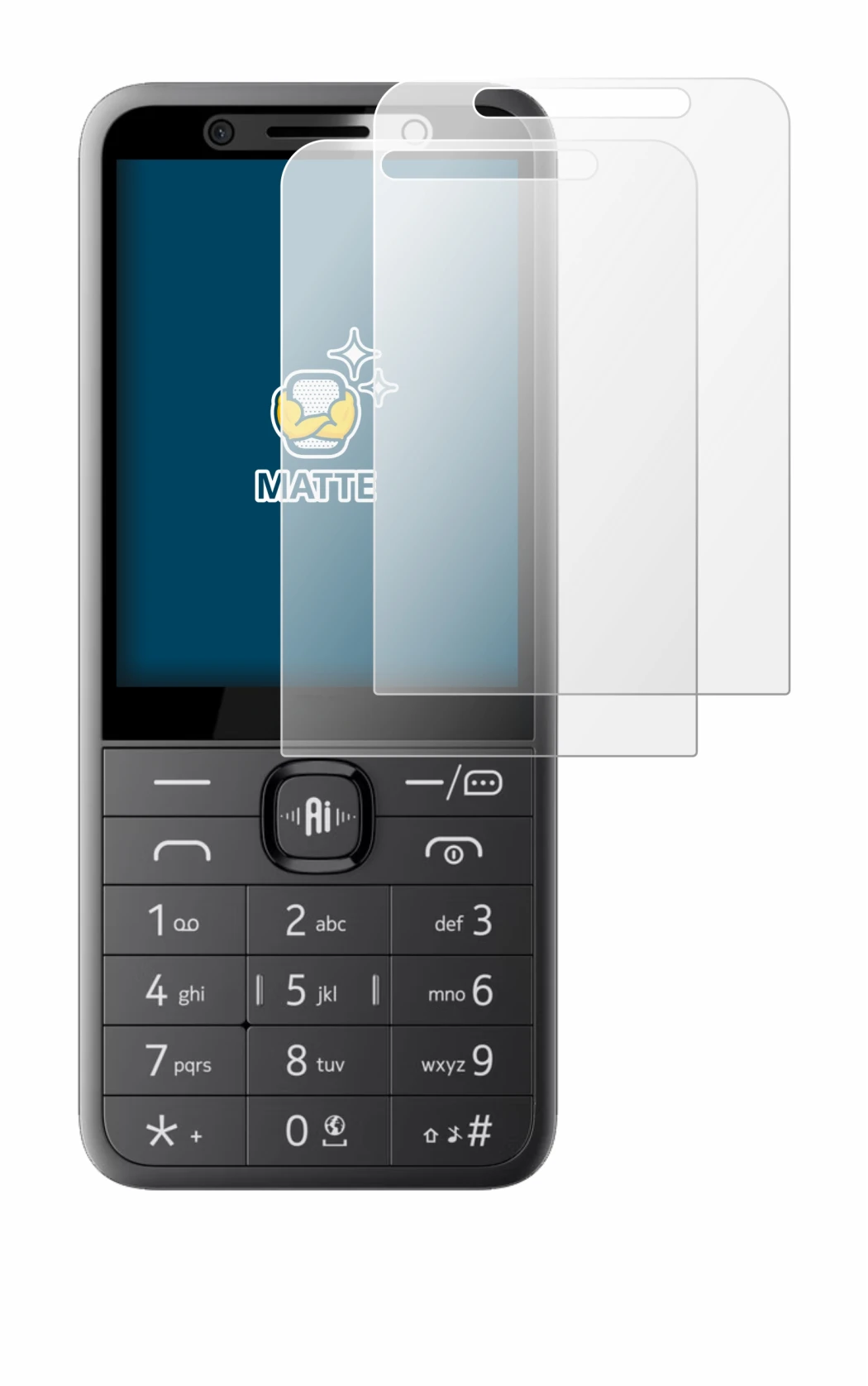 Immagine del dispositivo Nokia 235 4G (2026) con un'ampia varietà di protezioni per lo schermo.