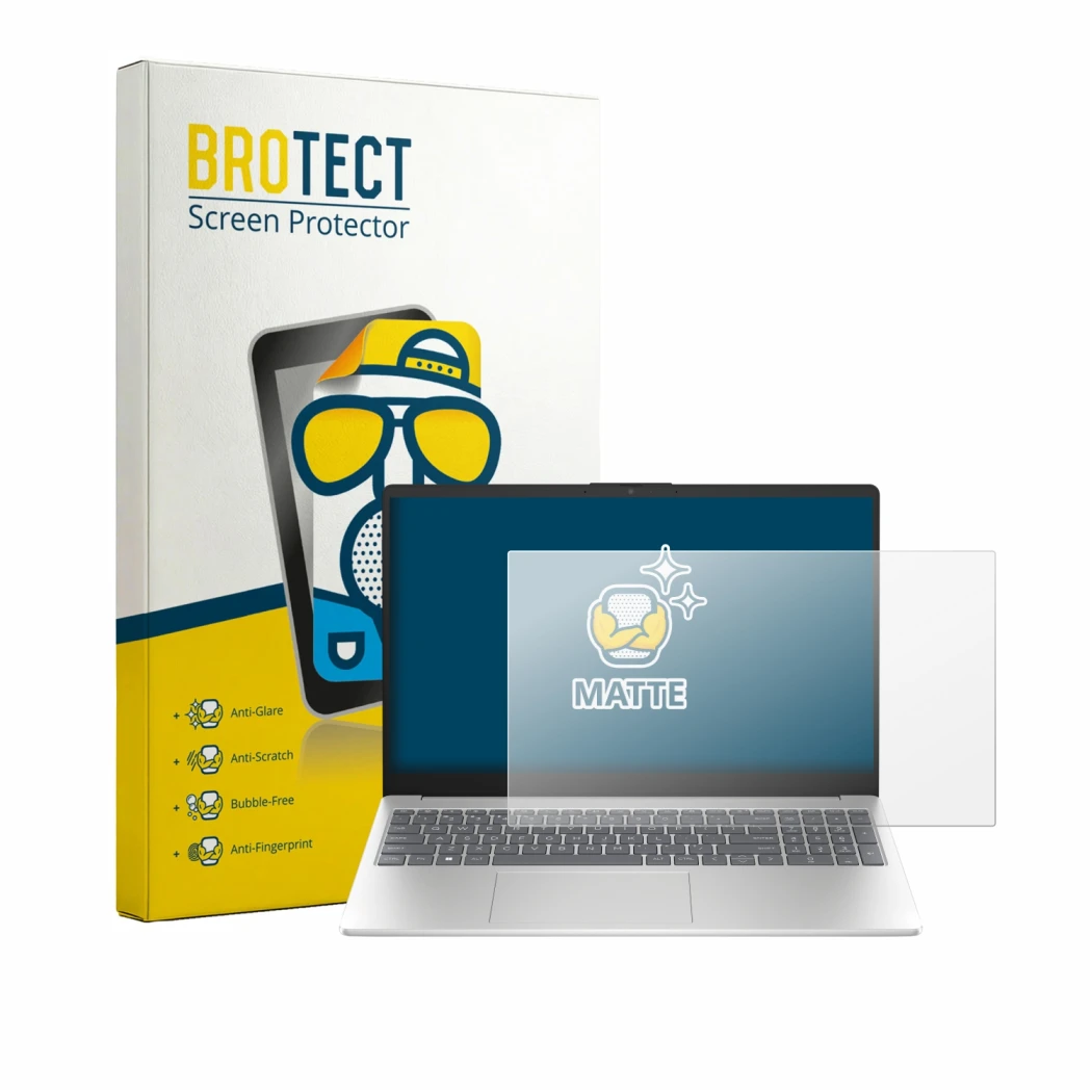 Parte frontale di una confezione del prodotto con il logo del marchio BROTECT. Accanto è raffigurato il dispositivo HP 15-fd17