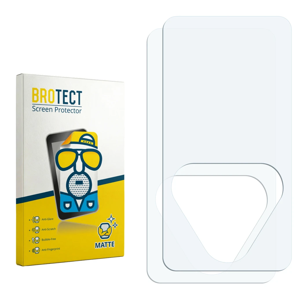 Parte frontale di una confezione del prodotto con il logo del marchio BROTECT. Accanto si trova la protezione per lo schermo c