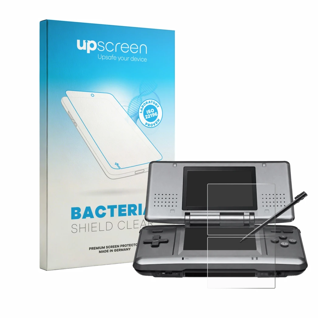 Parte frontale di una confezione del prodotto con il logo del marchio upscreen. Accanto è raffigurato il dispositivo Nintendo