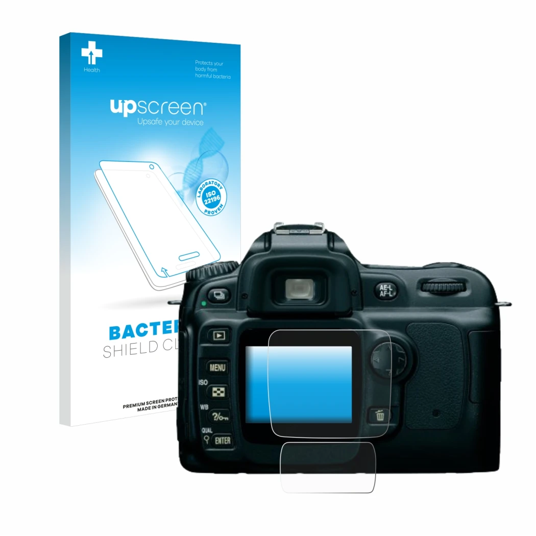 Parte frontale di una confezione del prodotto con il logo del marchio upscreen. Accanto è raffigurato il dispositivo Nikon D50