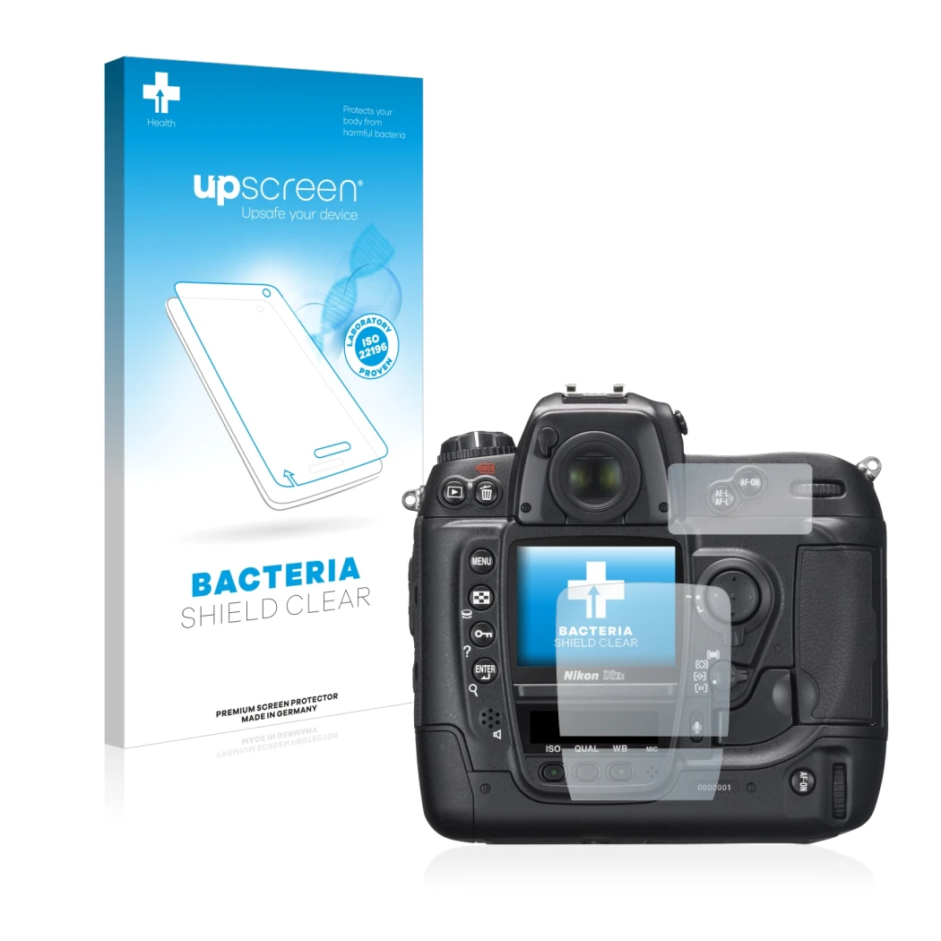 Parte frontale di una confezione del prodotto con il logo del marchio upscreen. Accanto è raffigurato il dispositivo Nikon D2X