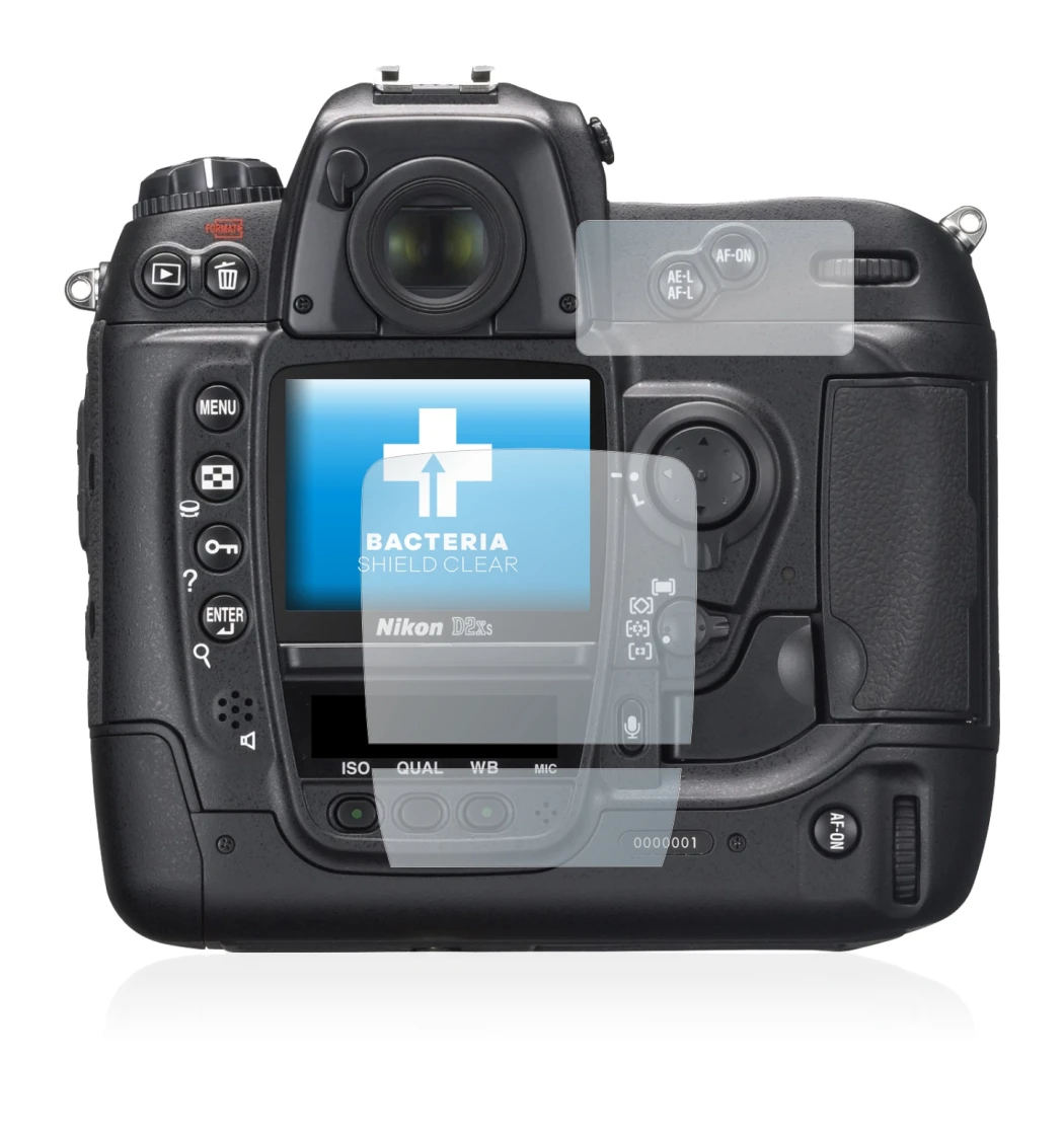Immagine del dispositivo Nikon D2X con un'ampia varietà di protezioni per lo schermo.