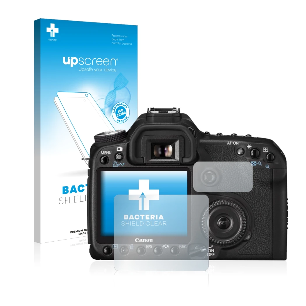 Parte frontale di una confezione del prodotto con il logo del marchio upscreen. Accanto è raffigurato il dispositivo Canon EOS
