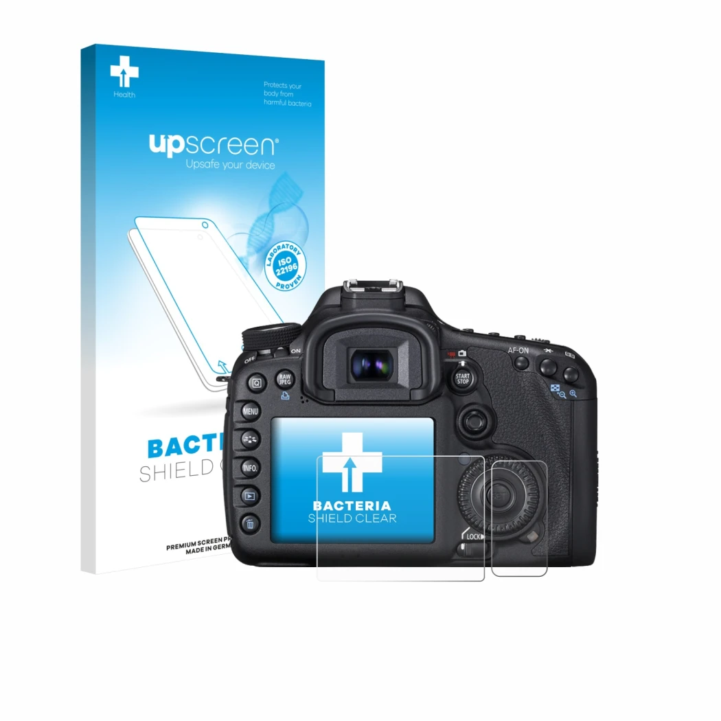 Parte frontale di una confezione del prodotto con il logo del marchio upscreen. Accanto è raffigurato il dispositivo Canon EOS