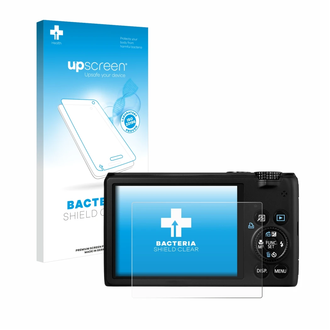 Parte frontale di una confezione del prodotto con il logo del marchio upscreen. Accanto è raffigurato il dispositivo Canon Pow