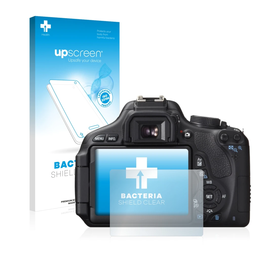 Parte frontale di una confezione del prodotto con il logo del marchio upscreen. Accanto è raffigurato il dispositivo Canon EOS